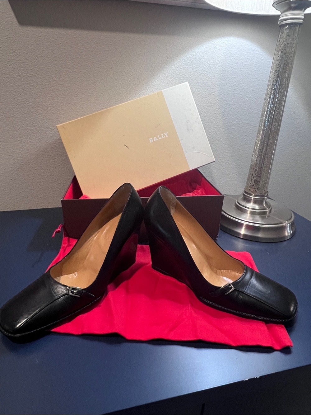 Bally Black Leather Wedge Pumps with Subtle Silver Accent